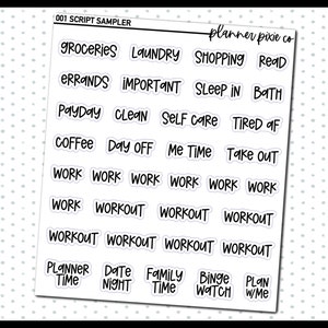 May include: A sheet of black and white planner stickers with various phrases and words, including "groceries", "laundry", "shopping", "read", "errands", "important", "sleep in", "bath", "payday", "clean", "self care", "tired of", "coffee", "day off", "me time", "take out", "work", "workout", "planner time", "date night", "family time", "binge watch", and "plan w/me".