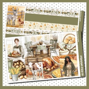 May include: A planner sticker sheet with a Thanksgiving theme. The sheet features illustrations of a donkey, a cow, a woman holding a turkey, and a table set for a feast. The text "Grateful Feast" is visible.