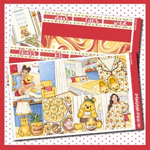 May include: A planner sticker sheet featuring Winnie the Pooh. The sheet includes illustrations of Pooh Bear, honey pots, and themed decorative elements. The text "Think" and "Hunny" are visible. The color scheme is primarily yellow, red, and white.