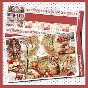 May include: A planner sticker sheet with an autumn theme. The design features watercolor illustrations of an apple orchard, a cozy cottage, and people enjoying fall activities. The text "Apple Cottage" and "Planner Pixie Co" are visible.