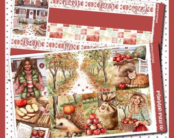 May include: A planner sticker sheet with an autumn theme. The design features watercolor illustrations of an apple orchard, a cozy cottage, and people enjoying fall activities. The text "Apple Cottage" and "Planner Pixie Co" are visible.