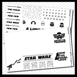 May include: Black and white printable sticker sheet with Star Wars themed images, including the words "The Force", "Pew Pew", "Star Wars", and "A Long Time Ago". The sheet also includes a calendar with the numbers 1 through 31, and images of Darth Vader, a Stormtrooper, and R2-D2.