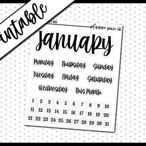 May include: A printable planner sticker sheet with the month of January, days of the week, and numbered dates. The word "January" is in a large, bold font. The sheet includes the text "planner pixie co."