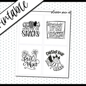 May include: Four black and white printable planner stickers with text. The first sticker says "Here for the Snacks" with a pretzel, popcorn, ice cream cone, and cupcake. The second sticker says "Ferris wheel, Funnel Cakes, Live Stock, Candy Apples, Blue Ribbons". The third sticker says "Fair Vibes" with two fireworks. The fourth sticker says "Coaster Hair Don't Care!" with a roller coaster.