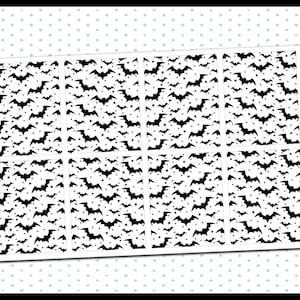 May include: Eight black and white printable planner stickers with a repeating pattern of bats and stars. The stickers are labeled "005 UNDERLAY" and "planner pixie co."