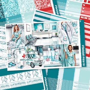 May include: A planner sticker sheet with a medical theme. The sheet features illustrations of a hospital setting, medical equipment, and medical professionals. The color palette includes shades of blue, white, and red.