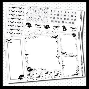 May include: A set of Halloween-themed planner stickers in black and white. The stickers feature bats, stars, ghosts, and a calendar with dates. The stickers are designed for use in a planner or journal.