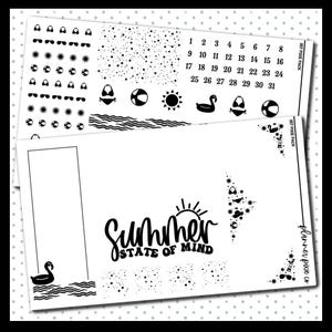 May include: Black and white planner stickers with a summer theme. The stickers include a flamingo, a sun, a beach ball, a swimsuit, and a calendar with the numbers 1 through 31. The text "Summer State of Mind" is also included.