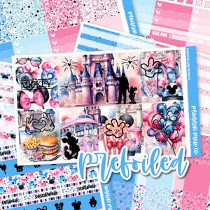 May include: A sticker sheet featuring watercolor illustrations of a castle, a pink bus, a burger, fries, balloons, and mouse ears. The text includes MICKEY EST 1928, MAGICAL AMUSEMENT, PLANNER PIXIE CO, and prefoiled. The color palette is pink and blue.