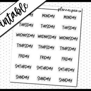 May include: A set of 18 white planner stickers with black text. The stickers feature the days of the week: Monday, Tuesday, Wednesday, Thursday, Friday, Saturday, and Sunday. The text is in a handwritten style.