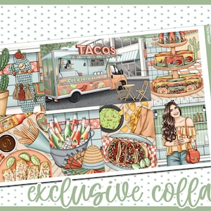 Könnte beinhalten: Ein digitaler Planer-Aufkleberbogen mit Taco-Nacht-Thema. Der Bogen zeigt einen Foodtruck, Tacos, Guacamole, Churros und eine Frau in sommerlicher Kleidung. Der Text "Taco Night" und "Plan on Pixie Co." ist auf dem Bogen enthalten.
