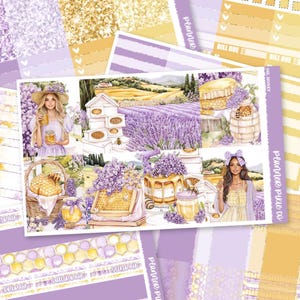 May include: A planner sticker sheet with a lavender and honey theme. The design includes illustrations of lavender fields, honeycombs, jars of honey, and women. The color palette features shades of purple, yellow, and gold. Text includes "OH, HONEY" and "Planner Pixie Co."