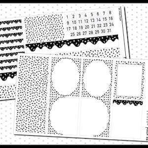 May include: Black and white printable planner stickers with a confetti pattern, a wavy line pattern, and a calendar with numbers 1 through 31. The stickers are designed for use in a planner or journal.