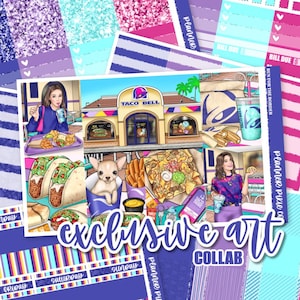 May include: A sticker sheet featuring Taco Bell themed illustrations including a restaurant building, a chihuahua in a cup, tacos, nachos, and two people. The design incorporates purple, blue, and pink color schemes with text reading Taco Bell, Run for the Border, and Planner Pixie Co.