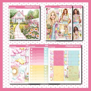 May include: A collection of planner stickers with a patchwork theme. The stickers feature watercolor illustrations of a house, women, clouds, and floral patterns. The color palette includes pink, yellow, and blue.