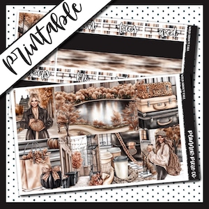 May include: A printable planner sticker sheet with a fall theme. The design features illustrations of a woman, pumpkins, suitcases, and a cityscape. The words "Wild About Fall" and "Planner Pixie Co" are visible. The word "Printable" is also visible.