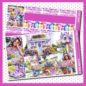 May include: A set of planner stickers featuring a floral theme. The stickers include a house with flowers, a gnome holding flowers, a woman with a basket of flowers, and a birdhouse with flowers. The stickers are designed for use in a planner or journal.