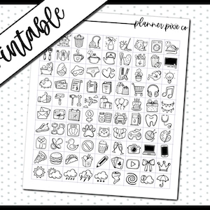 Pode incluir: Uma folha imprimível em preto e branco com 100 adesivos para planejadores com vários ícones, incluindo uma casa, uma xícara de café, um carrinho de compras, um bolo de aniversário, um dente, uma câmera, um botão de reprodução, uma coroa e uma nuvem com gotas de chuva. O texto "planner pixie co" está no canto superior direito.