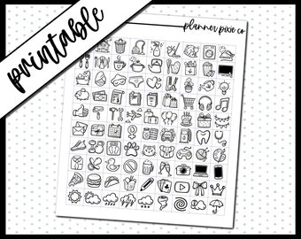 Puede incluir: Una hoja imprimible en blanco y negro de 100 pegatinas para planificadores con varios iconos, que incluyen una casa, una taza de café, un carrito de compras, un pastel de cumpleaños, un diente, una cámara, un botón de reproducción, una corona y una nube con gotas de lluvia. El texto "planner pixie co" está en la esquina superior derecha.