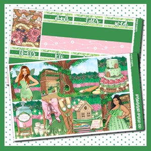 Puede incluir: Una hoja de pegatinas para planificador con temática de hadas. La hoja presenta ilustraciones de hadas, una casa de hadas, un pastel y un dispensador de bebidas. La combinación de colores incluye verde, rosa y marrón.