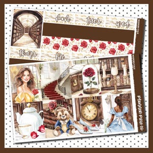 May include: A planner sticker sheet with a "Modern Tale" theme. The design features illustrations of a library, a red rose, a staircase, and characters in a fairytale setting. The color palette includes brown, gold, and red.
