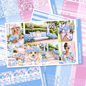 May include: A planner sticker sheet with a watercolor theme. The design features illustrations of a woman, a corgi, and a swing, all surrounded by blue hydrangeas. The color palette includes blue, pink, and white.