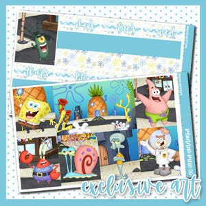 May include: A planner sticker sheet featuring cartoon characters from the animated series. The design includes images of SpongeBob SquarePants, Patrick Star, and other characters, with the words "exclusive art" at the bottom. The top has the days of the week.