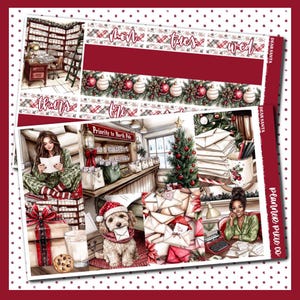 May include: A planner sticker sheet with a Christmas theme. The design includes illustrations of a woman reading a letter, a dog wearing a Santa hat, and a Christmas tree. The color palette features red, green, and white.