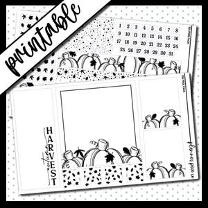 May include: Black and white printable planner stickers featuring pumpkins, leaves, and the word "HARVEST". The stickers are designed for a planner or journal and include a calendar with numbers 1 through 31.