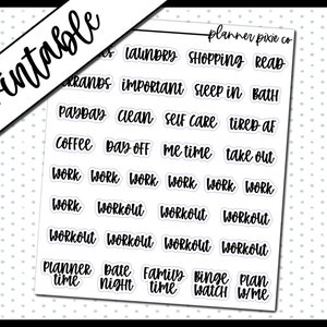 Op de afbeelding: Een set van 20 printbare planner stickers met verschillende zinnen en woorden, waaronder "wasgoed", "winkelen", "lezen", "belangrijk", "uitslapen", "bad", "schoonmaken", "zelfzorg", "kapot", "koffie", "vrije dag", "tijd voor mezelf", "uit eten", "werk", "training", "plantijd", "date night", "familie tijd", "binge watchen", en "plannen met mij".