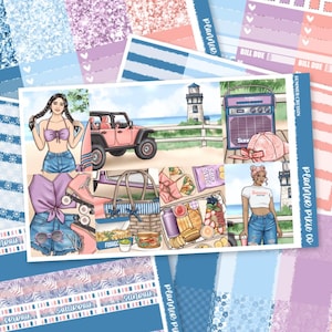 May include: A planner sticker sheet with a beach theme. The sheet features illustrations of a pink jeep, a lighthouse, a picnic, and a woman in a bikini. The text "Summer Cruisin" is visible. The color palette includes pink, blue, and purple.