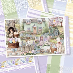 Könnte beinhalten: Ein Planer-Aufkleberbogen mit dem Thema Cottage Easter. Das Design zeigt eine Pastellfarbpalette mit Illustrationen von Hasen, einem Lamm, einem Haus und einem Kuchen. Der Text "Planner Pixie Co" und "Cottage Easter" sind sichtbar.