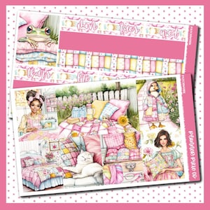 May include: A set of planner stickers featuring a patchwork theme. The stickers include a frog, a duck, a woman sewing, a cat, and a woman holding a pillow. The stickers are designed to be used in a planner or journal.