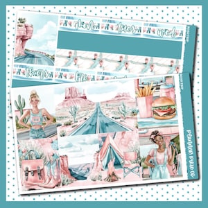 May include: A planner sticker sheet with a road trip theme. The design features illustrations of a desert landscape, a road, a burger and fries, and people. The color palette includes teal, pink, and white. The days of the week are written across the top.