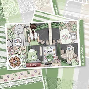 May include: A planner sticker sheet with a green and white theme. The design includes illustrations of a bear, waffles, cereal, and a milkshake. Text includes "Lucky Bear Cafe" and "Planner Pixie Co."