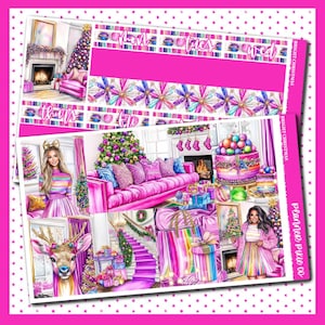 Puede incluir: Una hoja de pegatinas para planificador con un tema navideño brillante. El diseño presenta ilustraciones de un árbol de Navidad decorado, una chimenea y un sofá. La paleta de colores incluye tonos de rosa, morado y azul. El texto "Bright Christmas" es visible.