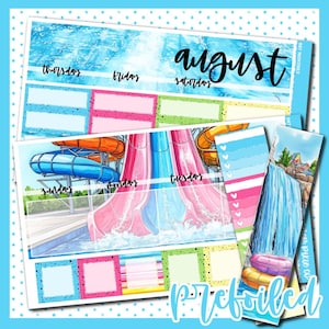 May include: A planner sticker sheet with a water park theme. The design features water slides, a waterfall, and the month of August. The color palette includes blue, pink, orange, and green. The word "prefoiled" is visible.