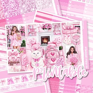 May include: A pink planner sticker sheet with a variety of illustrations, including a cat, a gift box, and a woman holding flowers. The word "Printable" is written across the bottom in a cursive font. The overall theme is pink and girly.