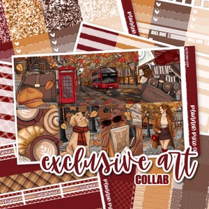 May include: A sticker sheet set featuring autumn-themed illustrations including a red telephone box, a double-decker bus, a golden retriever with a red scarf, coffee, croissants, and a person in a brown coat, with the text exclusive art collab.