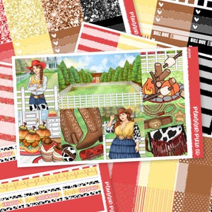 May include: A planner sticker sheet with a cowgirl theme. The sheet features illustrations of cowgirls, cowboy boots, a campfire, and a cowhide purse. The text "BILL DUE" and "JESSIE" are visible. The sheet includes decorative elements like glitter and patterned strips.