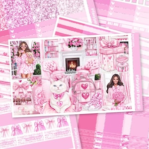 May include: A planner sticker sheet with a pink theme. The design includes illustrations of a living room, a cat, a gift box, and a woman holding flowers. The text "Planner Pixie Co" is visible.