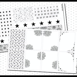 Könnte beinhalten: Schwarz-weiße Planer-Aufkleber mit Sternen, Feuerwerk und einem Kalender mit den Zahlen 1 bis 31. Die Aufkleber sind Teil eines 64-teiligen Sets.