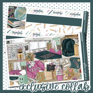 Puede incluir: Un conjunto de pegatinas de planificador imprimibles con un tema de aula. Las pegatinas incluyen un globo terráqueo, libros, lápices, una mochila, una lonchera, un escritorio de maestro y un letrero de aula que dice "Trabaja duro Sé amable Salva Juega". Las pegatinas están diseñadas en un estilo colorido y caprichoso.