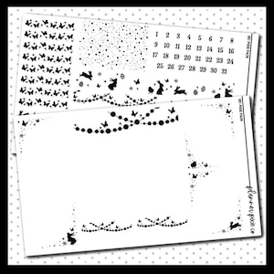 May include: Black and white printable planner stickers featuring a variety of Easter-themed designs, including butterflies, bunnies, eggs, and stars. The stickers are arranged in a grid pattern and include numbers 1 through 31.