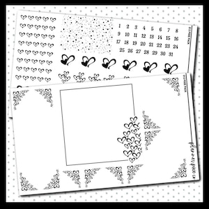 May include: Black and white printable planner stickers with a heart theme. The stickers include a sheet of hearts, a sheet of confetti, a sheet of numbers 1-31, and a sheet of corner designs with hearts.