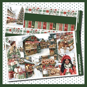 May include: A planner sticker sheet with a Christmas market theme. The design features illustrations of a snowy village, Christmas tree, market stalls, and people. The text includes the days of the week.