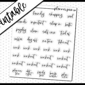 Op de afbeelding: Een set bedrukbare planner stickers met verschillende zinnen, waaronder "wasgoed", "winkelen", "lezen", "handen", "belangrijk", "slapen", "bad", "betaaldag", "schoonmaken", "zelfzorg", "moe", "koffie", "vrije dag", "tijd voor mezelf", "afhalen", "werk", "training", "plantijd", "date night", "familietijd", "bingewatchen" en "wijn plannen".