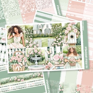 May include: A planner sticker sheet with a Rose Garden theme. The design features illustrations of a garden with roses, a fountain, a birdhouse, and a woman. The color palette includes pink, green, and white.