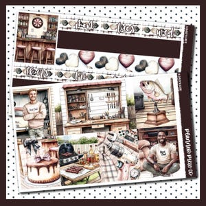 May include: A planner sticker sheet with a variety of illustrations. The sheet includes images of a bar, a workshop, a cake, a grill, and people. The text on the sheet includes the days of the week and "Best Dad".