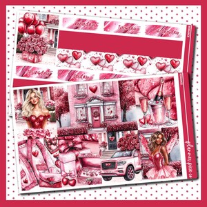 May include: A set of Valentine's Day planner stickers featuring a pink house, a red car with a bouquet of roses in the back, a woman with angel wings, and a woman in a red dress holding a box of chocolates. The stickers also include hearts, champagne glasses, and the words "Monday", "Tuesday", "Wednesday", "Thursday", "Friday", and "Romance".